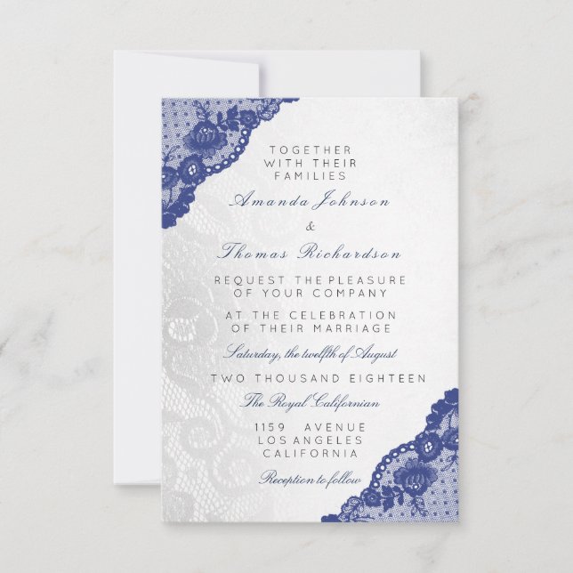 Blue Navy Silver Gray Lace Wedding Delicate Invitation (Front)