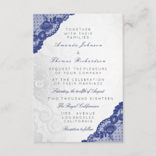 Blue Navy Silver Gray Lace Wedding Delicate Invitation