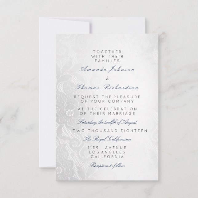 Blue Navy Silver Gray Lace Wedding Floral Invitation (Front)