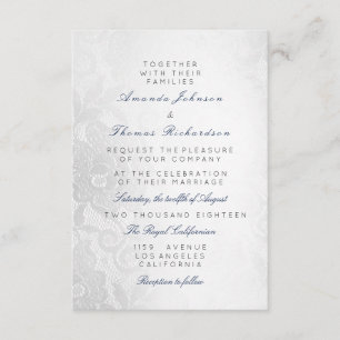 Blue Navy Silver Gray Lace Wedding Floral Invitation