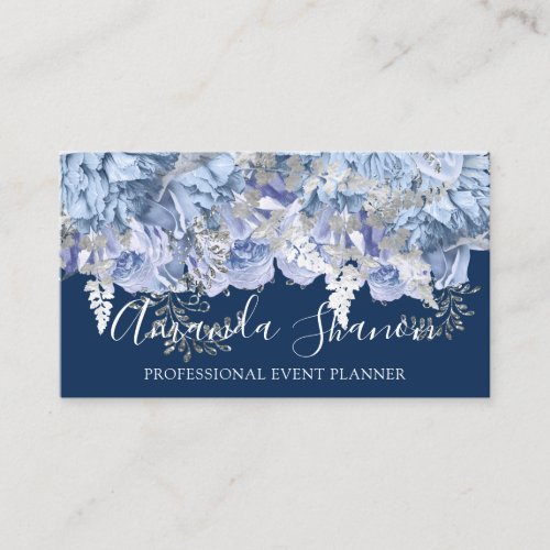 Blue Navy Silver Roses Event Planner QR Code Logo Business Card