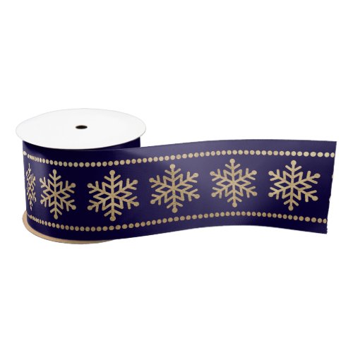 Blue Navy Snowflakes Stripes Christmas Gold Satin Ribbon