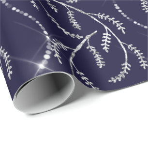 Blue Navy Sparkly Laurel Floral Silver Diamonds Wrapping Paper