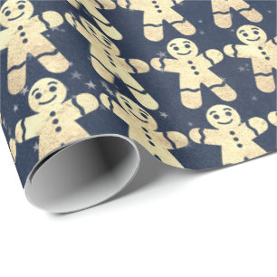Blue Navy Stars Gold Christmas Ginger Bread Guy Wrapping Paper