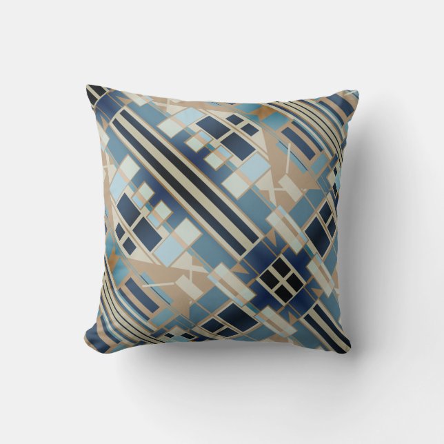 Blue Navy Taupe Beige Slanted Mediterranean Mosaic Throw Pillow (Front)