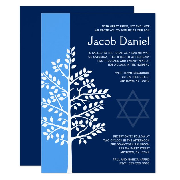 Blue Navy Tree Of Life Bar Mitzvah Invitations