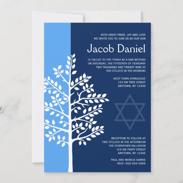 Blue Navy Tree of Life Bar Mitzvah Invitations (Front)