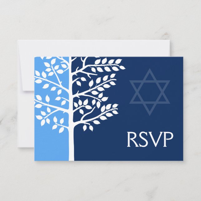Blue Navy Tree of Life Bar Mitzvah RSVP Card (Front)