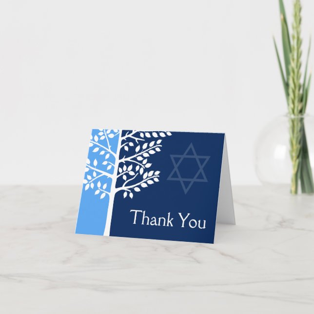 Blue Navy Tree of Life Bar Mitzvah Thank You (Front)