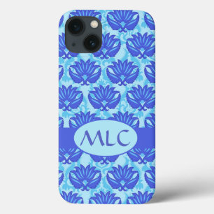 Blue Navy Turquoise Modern Damask Monogram Custom iPhone 13 Case