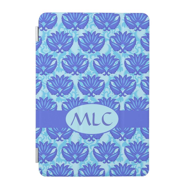 Blue Navy Turquoise Modern Damask Monogram Custom iPad Mini Cover (Front)