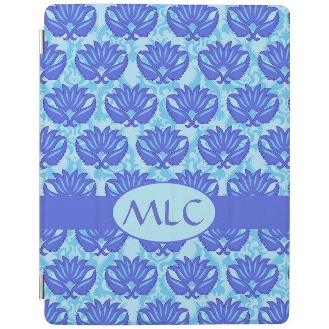 Blue Navy Turquoise Modern Damask Monogram Custom iPad Smart Cover (Front)
