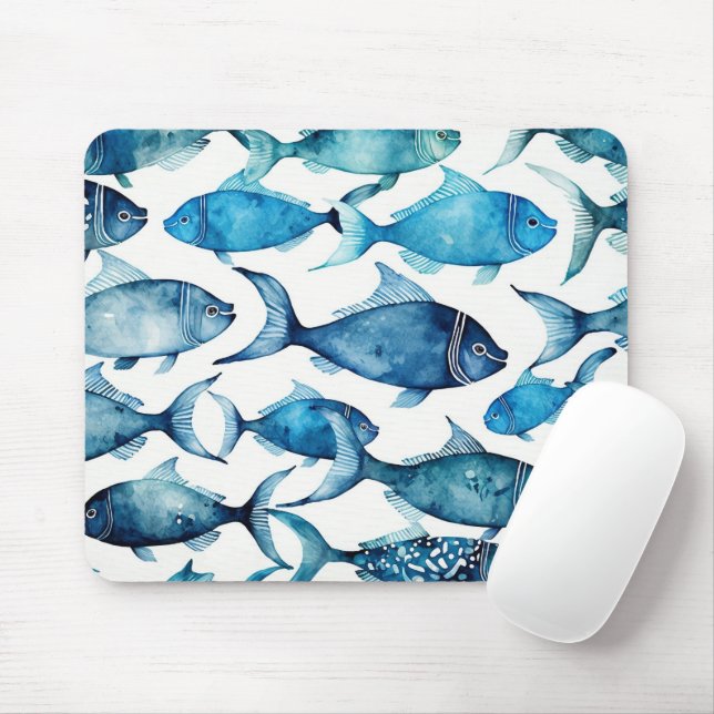 Blue & Navy Watercolor Fish | Coastal Ocean Desk Mouse Pad (With Mouse)