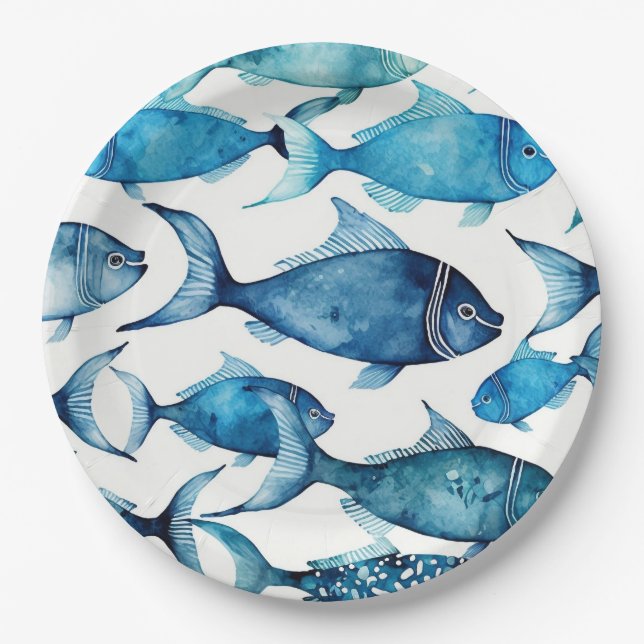 Blue & Navy Watercolor Fish | Ocean Nautical Kids Paper Plates (Front)
