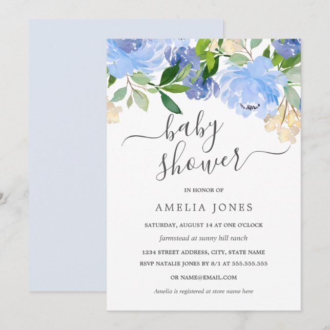 Blue Navy Watercolor Floral Baby Shower Invitation (Front/Back)