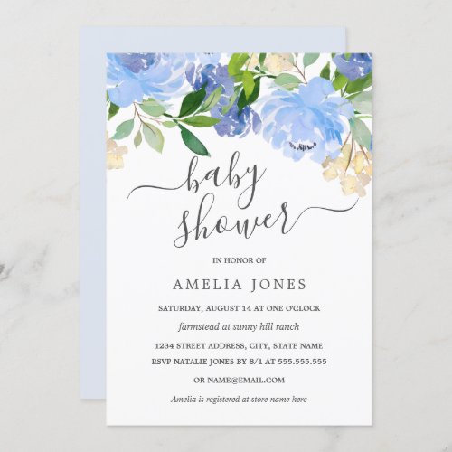 Blue Navy Watercolor Floral Baby Shower Invitation