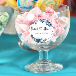 Blue navy watercolor floral wedding thank you classic round sticker