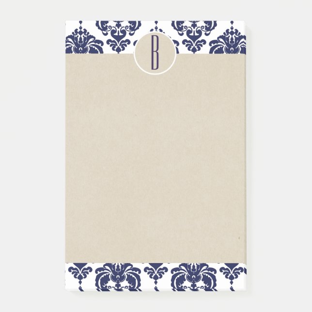 Blue Navy White Glam Damask Kraft Monogram Initial Post-it Notes (Front)