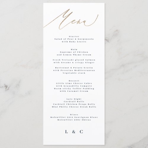 Blue Navy White Gold Elegant Classic Wedding Menu