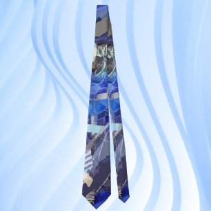 Blue navy white gray abstract geometric stripes  neck tie