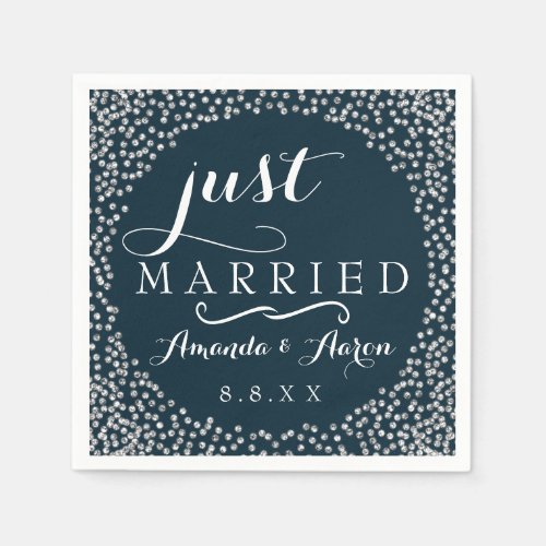 Blue Navy White Gray Confeti Wedding Just Married Napkins