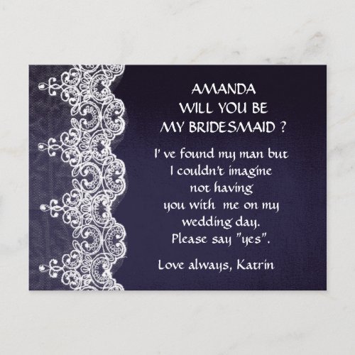 Blue Navy White Lace Will You Be My Bridesmaid Invitation Postcard