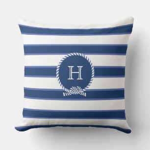 Blue Navy White Nautical Monogram Modern Stripes O Outdoor Pillow