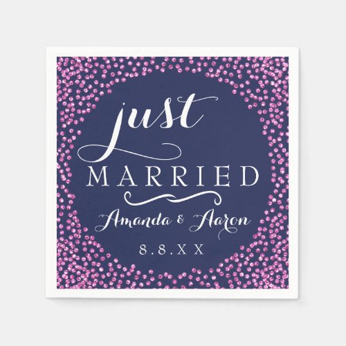 Blue Navy White Pink Confetti Wedding Just Married Napkins