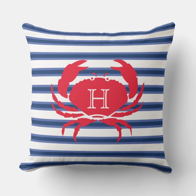 Blue Navy White Red Crab Nautical Modern Stripes O Outdoor Pillow (Front)