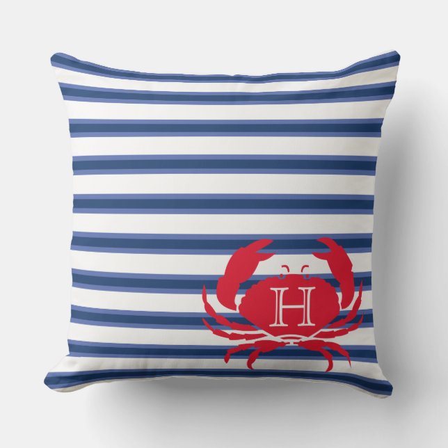 Blue Navy White Red Crab Nautical Modern Stripes O Outdoor Pillow (Front)