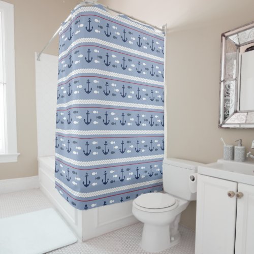 Blue Navy White Red Nautical Anchors  Shower Curtain