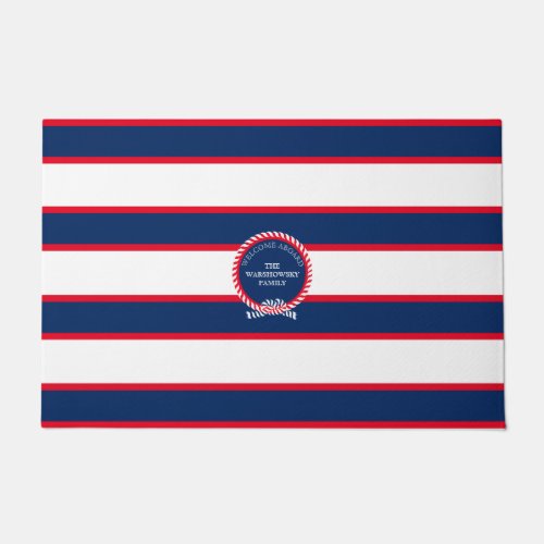 Blue Navy White Red Nautical Monogram Stripe Doormat