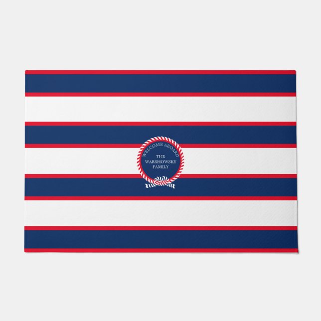 Blue Navy White Red Nautical Monogram Stripe Doormat (Front)