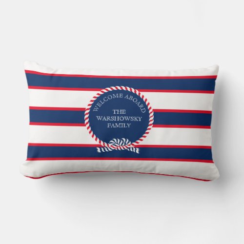 Blue Navy White Red Nautical Monogram Stripe  Lumbar Pillow