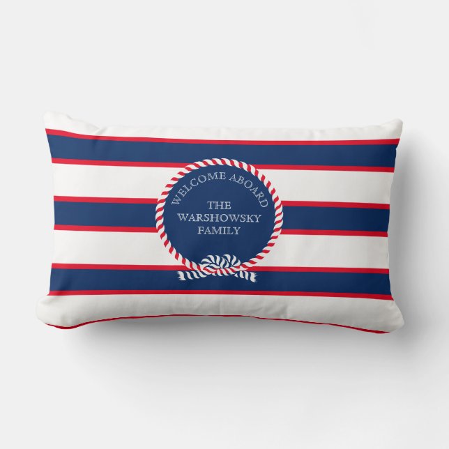 Blue Navy White Red Nautical Monogram Stripe  Lumbar Pillow (Front)