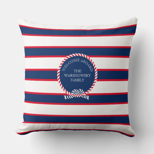 Blue Navy White Red Nautical Monogram Stripe Outdo Throw Pillow (Front)