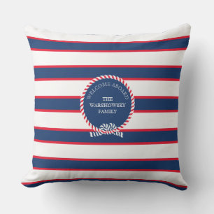 Blue Navy White Red Nautical Monogram Stripe Outdoor Pillow