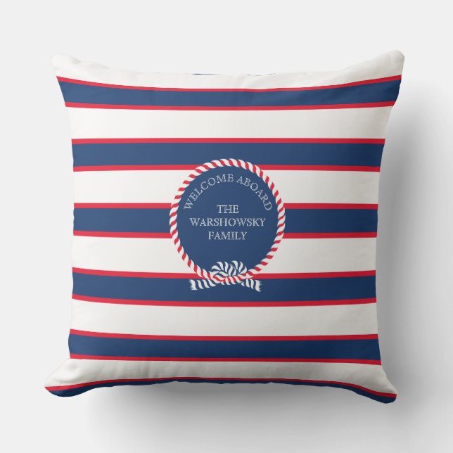 Blue Navy White Red Nautical Monogram Stripe Outdoor Pillow (Front)