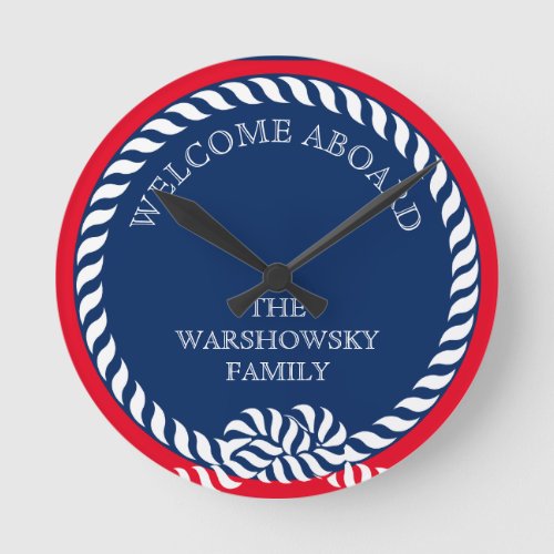 Blue Navy White Red Nautical Monogram Stripe  Round Clock