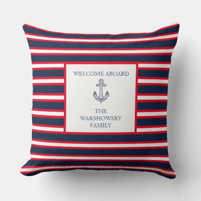 Blue Navy White Red Nautical Monogram Stripe  Throw Pillow (Front)