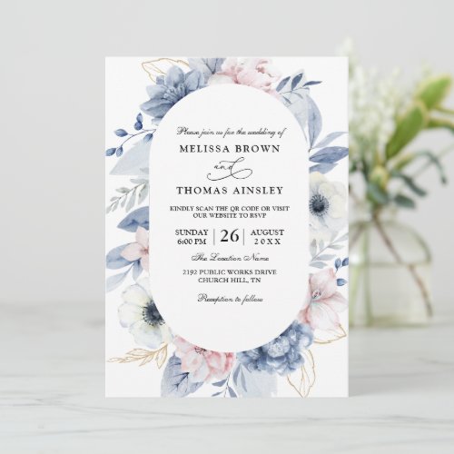 Blue Navy White Simple Budget QR Code Wedding Invitation