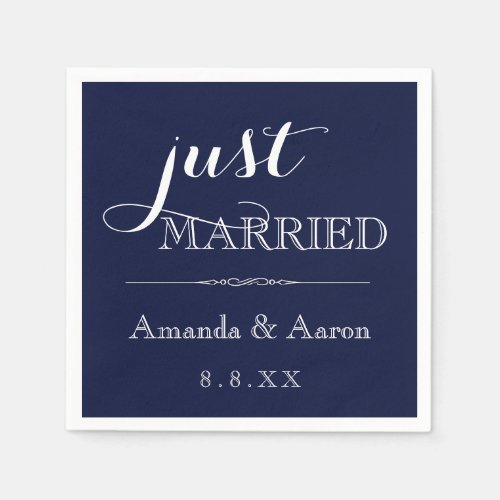 Blue Navy White Simple Classic Just Married Napkins