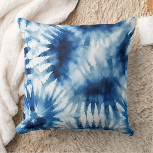 Blue Navy White Stripe Tie Dye Throw Pillow