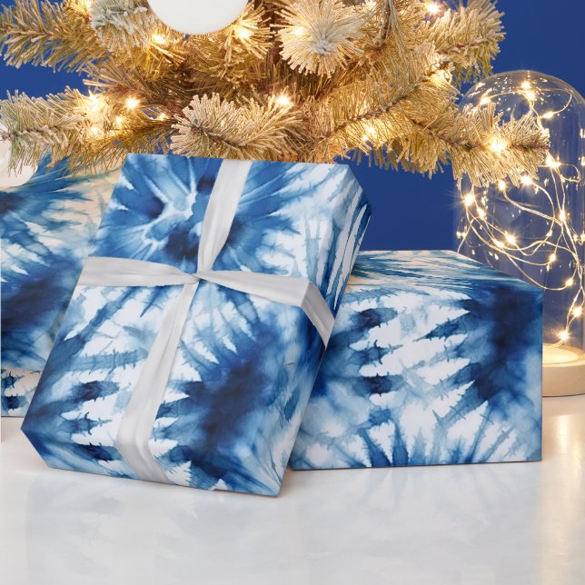 Blue Navy White Stripe Tie Dye Wrapping Paper (Holidays)