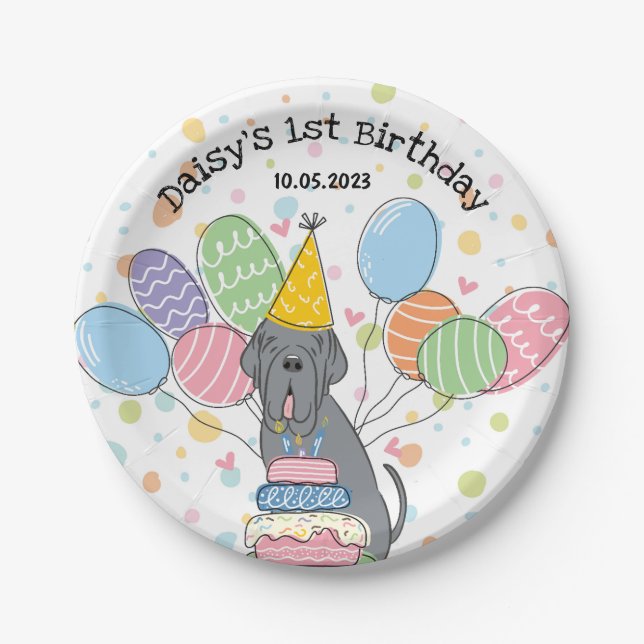 Blue Neapolitan Mastiff Dog Birthday Party Paper Plates (Front)