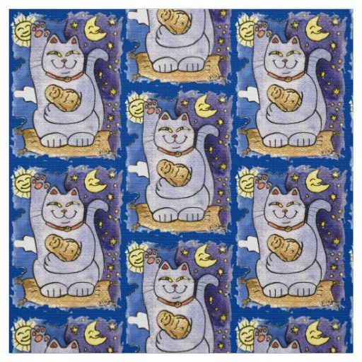 Blue Neko with Buddha on Gold Pillow Fabric