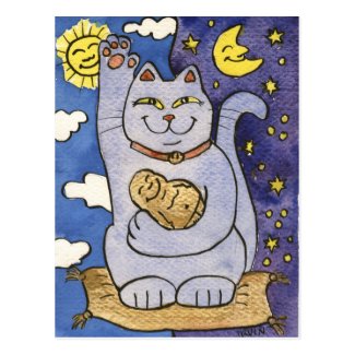 Blue Neko with Buddha on Gold Pillow Postcard