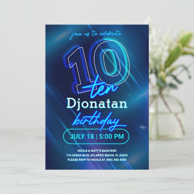 Blue Neon 10th Birthday Party Invitation Card (Standing Front)