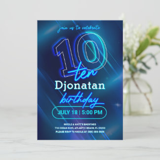 Blue Neon 10th Birthday Party Invitation Card