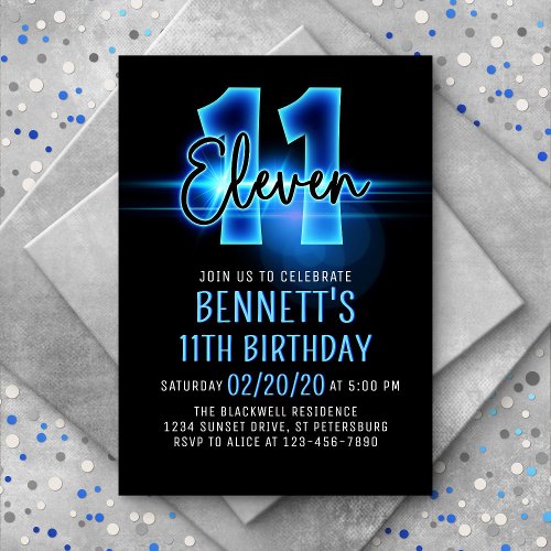 Blue Neon 11th Birthday Invitation